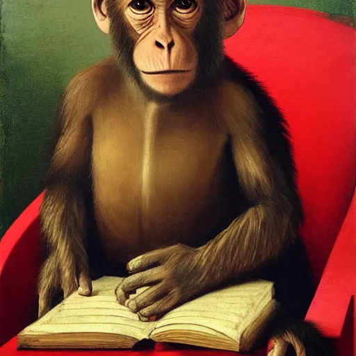 Image similar to renaissance painting of a monkey wearing a suit sitting in a red chair, smoke, dramatic