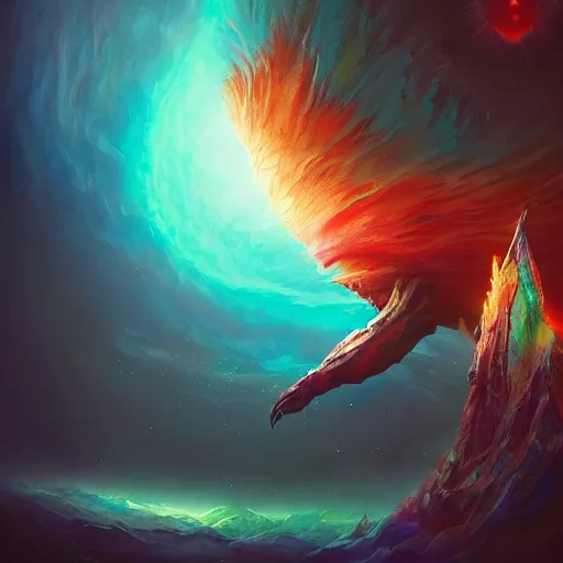 Prompt: a beautiful stunning colorful painting of a mysterious ominous massive creature floating through space, fantasy, dramatic lighting, abstract art, dark surrealism, retrofuturism, artstation