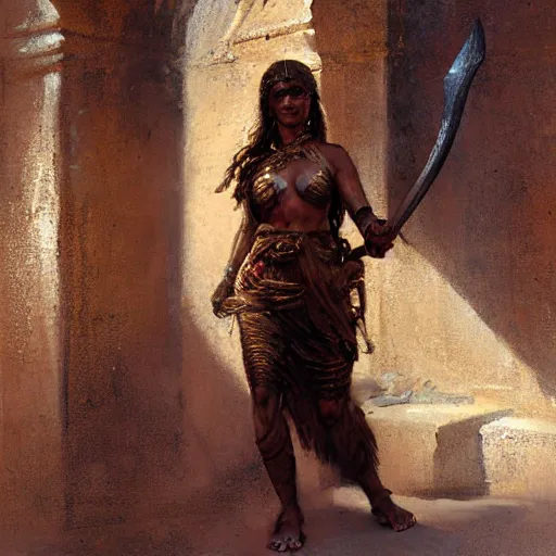 Image similar to a scrappy bronze age thief woman, ancient mesopotamia, looking around a corner, sword and sandal character portrait by gaston bussiere, craig mullins, greg rutkowski