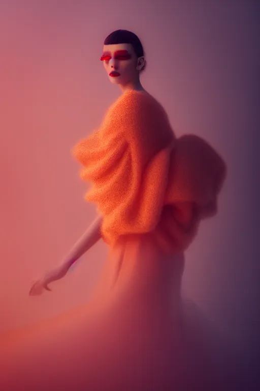 Prompt: a model wearing haute couture from chanel, macro photography, long exposure photograph, surrealism, anamorphic bokeh, cozy, soft light, orange and teal, caustic, atmospheric fog, octane render, cinematic