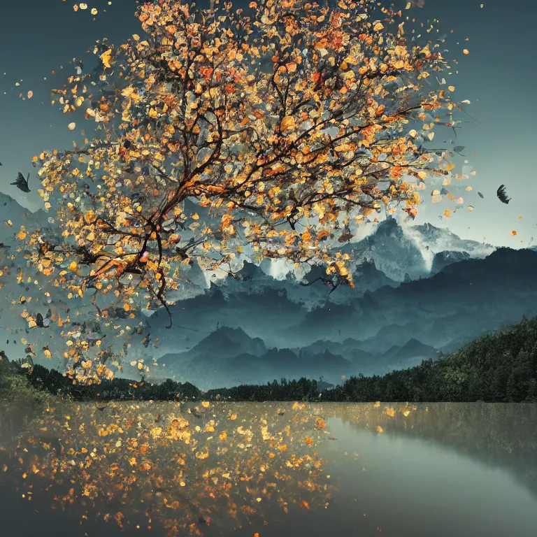 Image similar to a beautiful awesome artistic tree with falling flowers like leaves and many birds, all in the amazing outdoors view, mountain in the background, lake, long exposure, 8 k resolution, trending on artstation