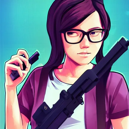 Prompt: LilyPichu with glasses in the style of gta san andreas, holding handgun, in the style of artgerm, rossdraws