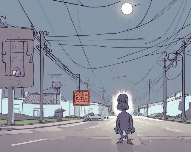 Image similar to a study of cell shaded cartoon of a Grey alien on a country road, street lamps, road, illustration, wide shot, subtle colors, post grunge, concept art by josan gonzales and wlop, by james jean, Victo ngai, David Rubín, Mike Mignola, Laurie Greasley, highly detailed, sharp focus, alien, Trending on Artstation, HQ, deviantart, art by artgem