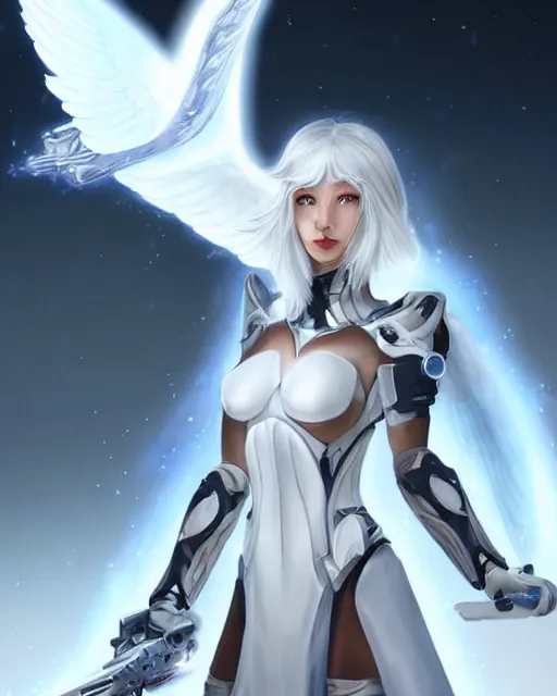 Image similar to perfect white haired attractive egyptian goddess with huge white dove wings holding a light saber, warframe armor, beautiful, symmetric, dreamy, half asian, pretty face, blue eyes, detailed, scifi platform, laboratory, experiment, 4 k, ultra realistic, epic lighting, android body, illuminated, cinematic, masterpiece, art by akihito tsukushi, voidstar