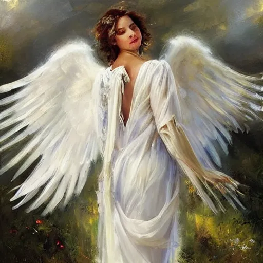 Image similar to a beautiful portrait of an angel with beautiful face and her huge white wings spread out painted by gerhartz, highly detailed, beautiful, back lit, graceful and elegant, ethereal