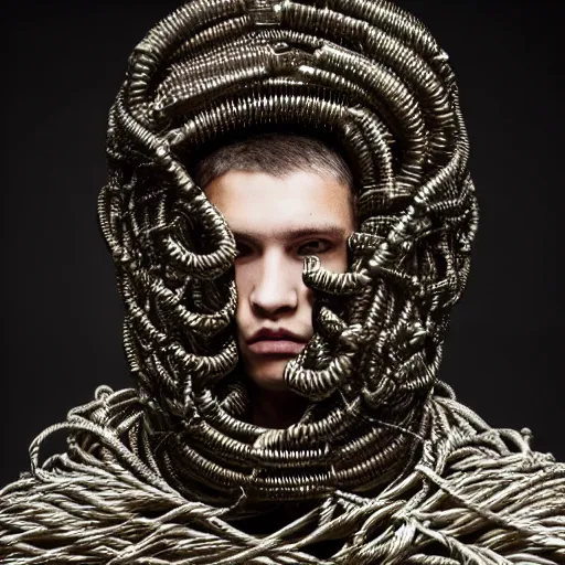 Image similar to a portrait of a beautiful young male wearing an alexander mcqueen armor made of cables , photographed by andrew thomas huang, artistic