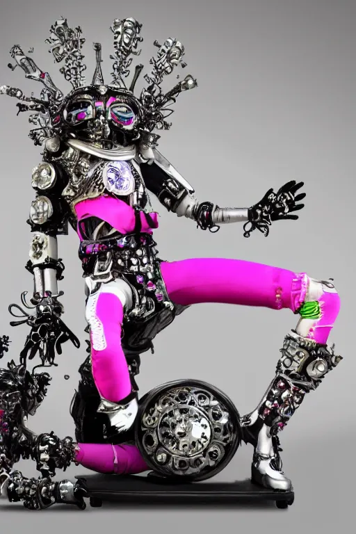 Prompt: full-body rococo and cyberpunk style neon statue of a young attractive mexicano macho chacal android reclining sim roupa con camote, glowing white laser eyes, prince crown of pink gears, diamonds, swirling silver-colored silk fabric. futuristic elements. full-length view. space robots. human skulls. intricate artwork by caravaggio. Trending on artstation, octane render, cinematic lighting from the right, hyper realism, octane render, 8k, depth of field, 3D