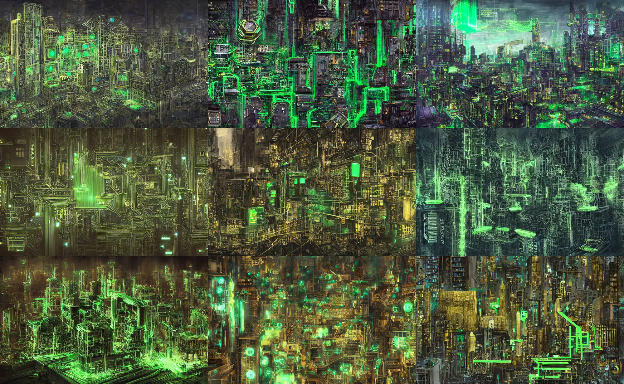 Prompt: memorypunk cityscape, old ramshackle buildings built out of computer memory sticks, green circuit board with gold circuits and integrated circuit chips, giant computer parts, city of computer parts and wires, 3d concept art, digital art, fantasy landscape, hyperrealistic, fantasy world