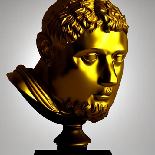 Image similar to a realistic render of a golden Roman bust, high contrast lighting, 4k