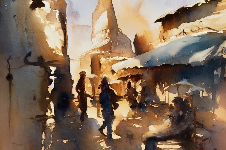 Image similar to small centered on watercolor paper, paint brush strokes, abstract watercolor painting of ancient egyptian worker break, cinematic light, national romanticism by hans dahl, by jesper ejsing, by anders zorn, by greg rutkowski, by greg manchess, by tyler edlin