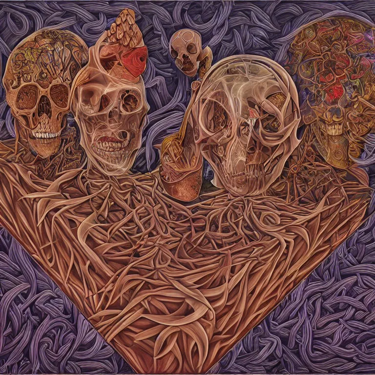 Image similar to expression of mind-matter interaction through death by Alex Grey and M. C. Escher collaboration, digital painting, Groundcore