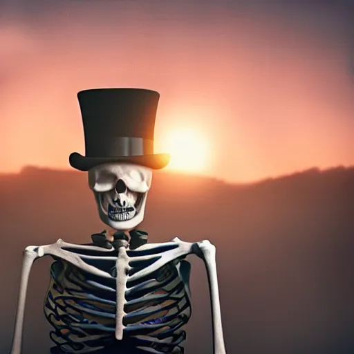 Prompt: Photograph of skeleton wearing a suit and top hat at sunset. cinematic, hyper realism, high detail