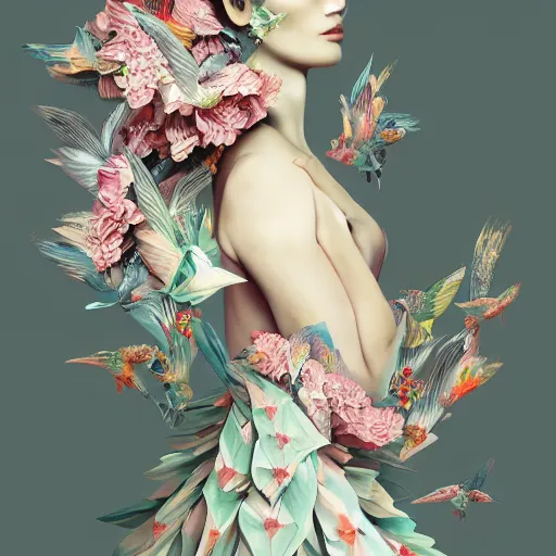 Image similar to 3 / 4 view of a beautiful girl wearing an origami dress, eye - level medium shot, fine floral ornaments in cloth and hair, hummingbirds, elegant, by eiko ishioka, givenchy, ambrosius boeschaert, by peter mohrbacher, centered, fresh colors, origami, fashion, detailed illustration, vogue, japanese, reallusion character creator