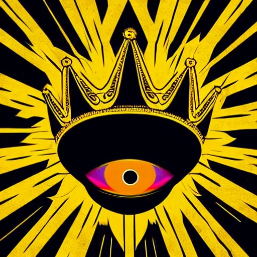 Image similar to a glowing crown sitting on a table with one large beautiful eye on top of it like a jewel, stars on top of the crown, night time, vast cosmos, geometric light rays exploding outwards into stars, sharp bold black lines, flat colors, minimal psychedelic 1 9 5 0 s poster illustration