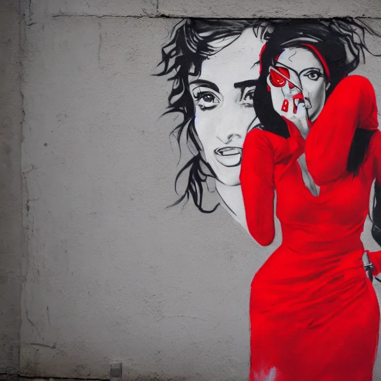 Prompt: Street-art mid-short portrait of Salma Hayek wearing red dress in style of Etam Cru, photorealism, Sony a7R