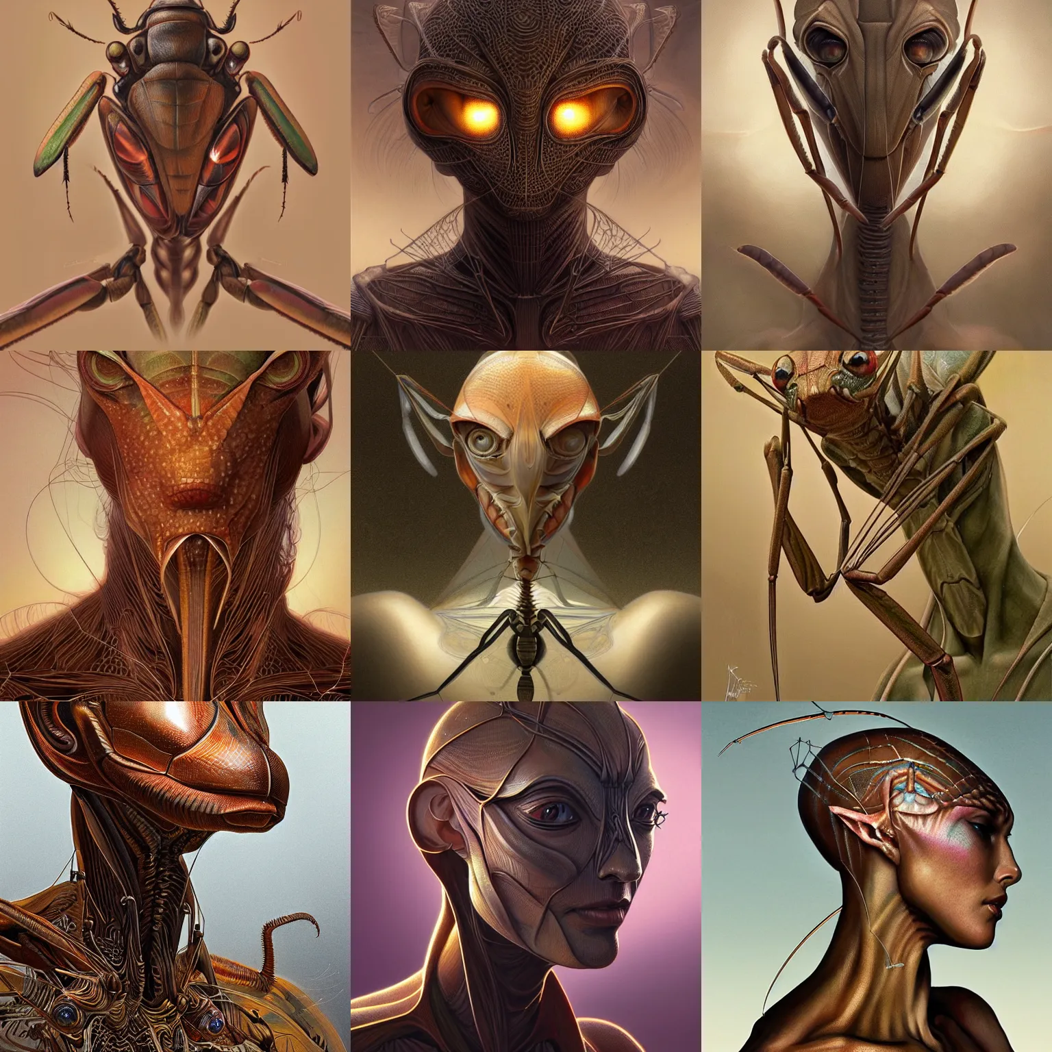 Prompt: portrait of an insectoid, praying mantis, brown exoskeleton, flat triangle - shaped head with thin thread - like antennae, concept art, deep focus, fantasy, intricate, highly detailed, digital painting, artstation, matte, sharp focus, illustration, art by artgerm and greg rutkowski and alphonse mucha