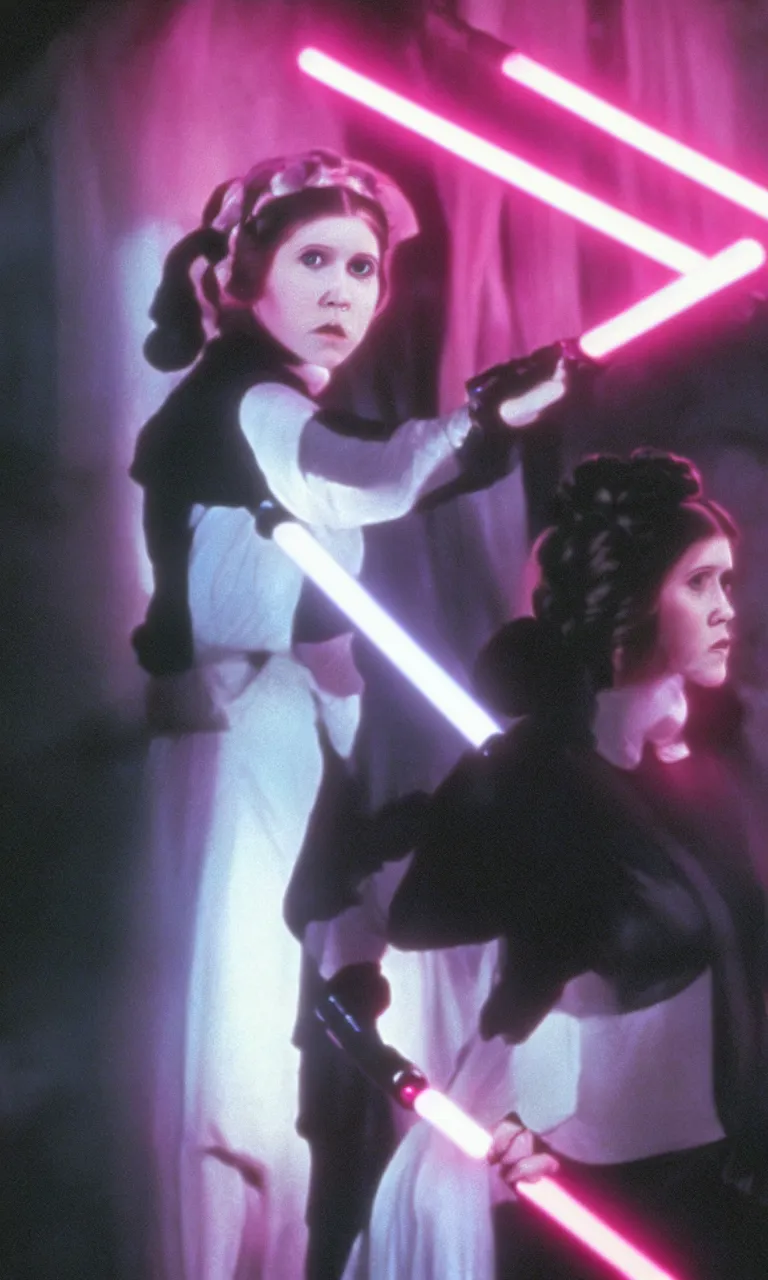 Prompt: Young Carrie Fisher as Princess Leia wielding a fuchsia light saber, ambient lighting, 8k, 35mm film still from Star Wars