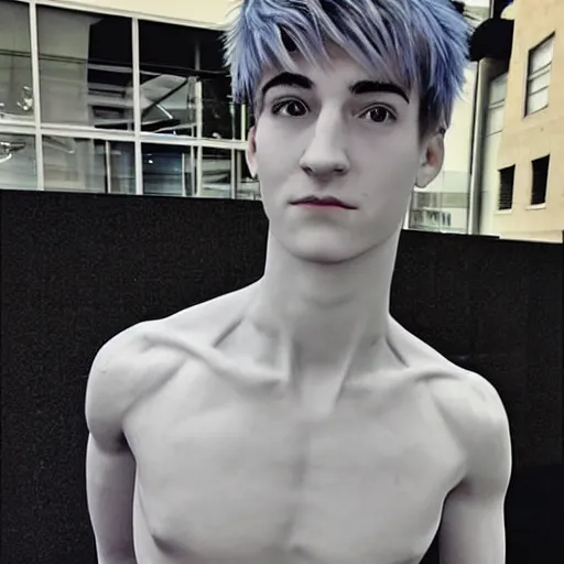 Image similar to “a realistic detailed photo of a guy who is an attractive humanoid who is half robot and half humanoid, who is a male android, twitch streamer Ninja Tyler Blevins, shiny skin, posing like a statue, blank stare, streaming”