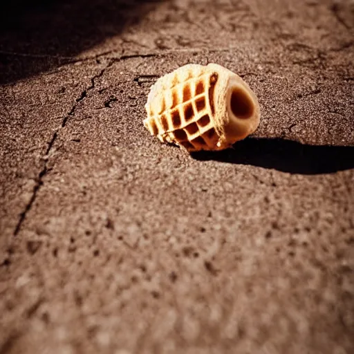 Prompt: detailed, textured photograph of a levitating chocolate ice cream cone with huge, hairy spider body at the cone's bottom. dramatic, golden light. realistic photograph.