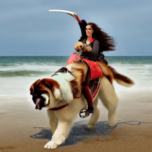 Image similar to girl riding a giant saint Bernard at the beach catching a frisbee, trending on artstation