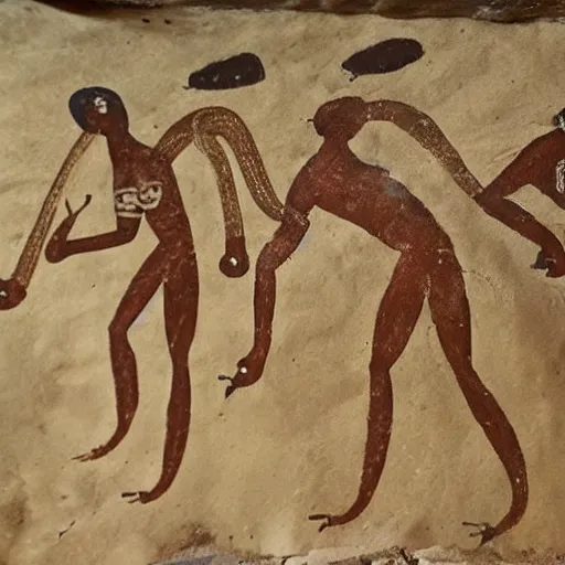 Image similar to old cave painting of men hunted by aliens