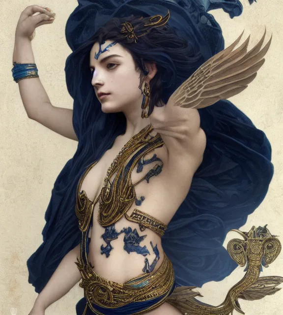 Image similar to male, god of death, in the underworld, elegant dark blue dress, very detailed, throne, very intricate details, jewelry, gold line tattoos, elaborate long hairstyle, wings, cinematic, artstation, william bouguereau, alphonse mucha, greg rutkowski, rossdraws, octane render