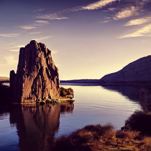 Image similar to a beautiful landscape with a lake and a big monolith, sheep grazing, fractal rock formations, cinematic light, late afternoon, long shadows,