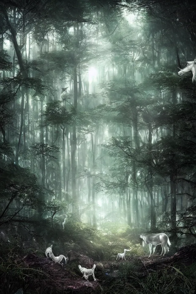 Image similar to there is a silver unicorn in the forest, fireflies flying in the forest, dreamy crystal atmosphere ， super wide angle ， matte painting ， rtx on ， trending on cgsociety and artstation, volumetric light ， surreal