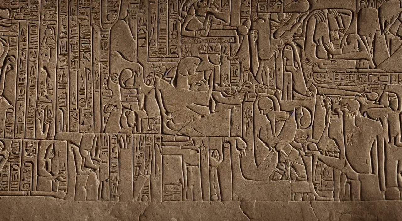 Prompt: Hieroglyphics of men and women worshipping a cellphone. Archaeological discovery, Ultra high resolution, photo realistic, depth of field, award winning, cinematic, color graded