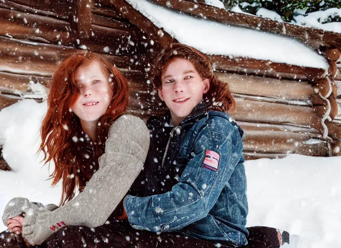 Image similar to a vintage photo of a boy and a girl with long flowing auburn hair sitting together on the porch of a cabin on a mountain overlooking a snowy landscape. atmospheric lighting, romantic, boy and girl, cold lighting, snowy.