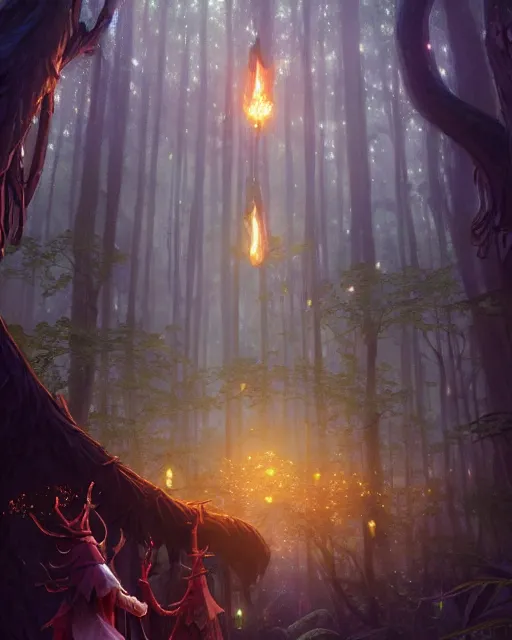 Image similar to magical forest city of the elves, fireflies, deep focus, d & d, fantasy, intricate, elegant, highly detailed, digital painting, artstation, concept art, matte, sharp focus, illustration, hearthstone, art by greg rutkowski and alphonse mucha and andreas rocha