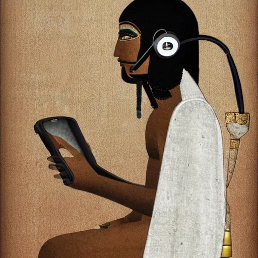 Image similar to hd photo of ancient egyptian RowLow listening to music with headphones and holding his smartphone