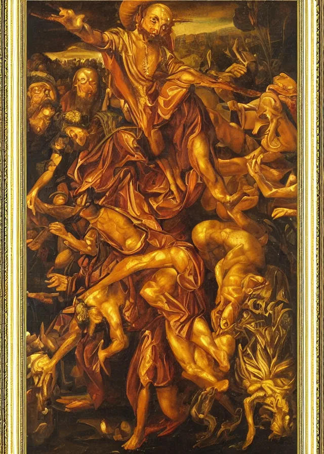 Prompt: renaissance oil painting of the devil, detailed golden frame