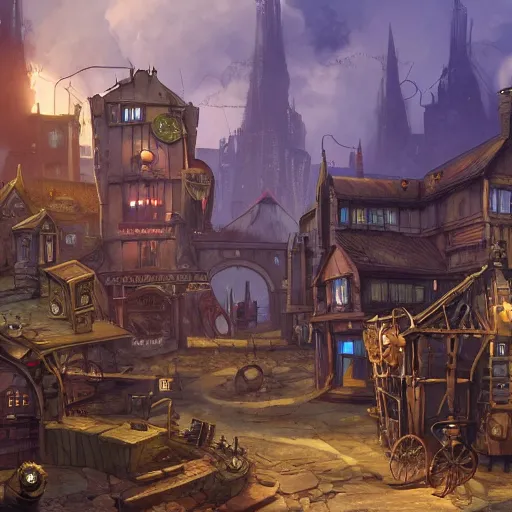 Prompt: A Complex steampunkVillage, art by Nathan Fowkes , art station, colorkey scene,