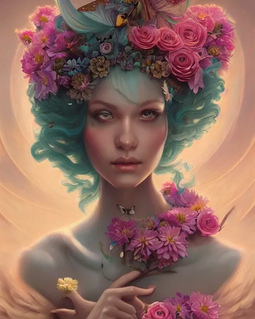 Prompt: carved wood princess beauty explosion of flowers and butterflies, diopside and aquamarine blooms, cerulean aura, fantasy art portrait by artgerm, peter mohrbacher, artstation