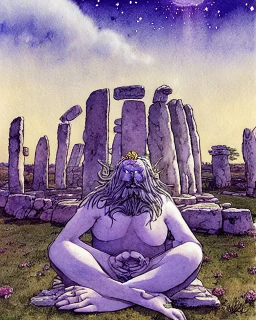 Image similar to a hyperrealist studio ghibli watercolor fantasy concept art of a giant long haired grey witch in lotus position sitting on top of stonehenge with a starry sky in the background. a ufo is in the sky. by rebecca guay, michael kaluta, charles vess