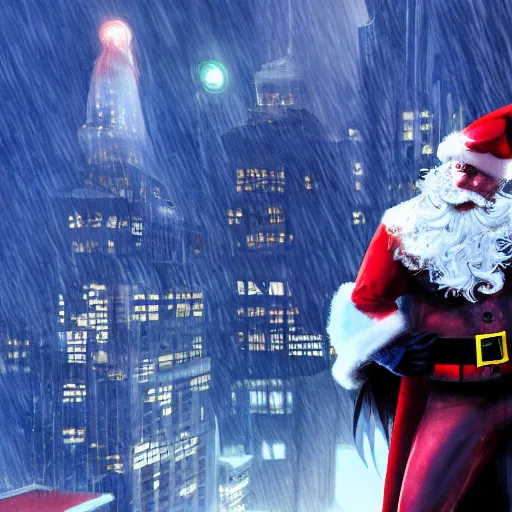 Prompt: batman dressed as santa claus, rooftop of skyscraper, sleigh of presents, snowy night in the big city, 4 k, concept art, artstation