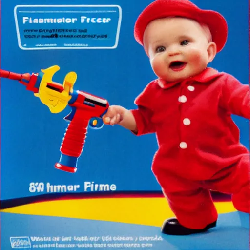 Image similar to fisher price flamethrower, now in stores, promotional ad