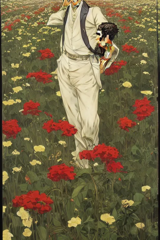 Image similar to attractive young thug in flower field, painting by j. c. leyendecker, yoji shinkawa, katayama bokuyo