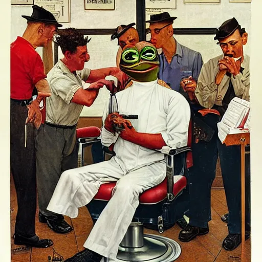 Image similar to pepe the frog at the barbershop by norman rockwell