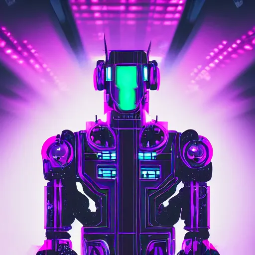 Image similar to cyberpunk style poster with a robot, purple color theme