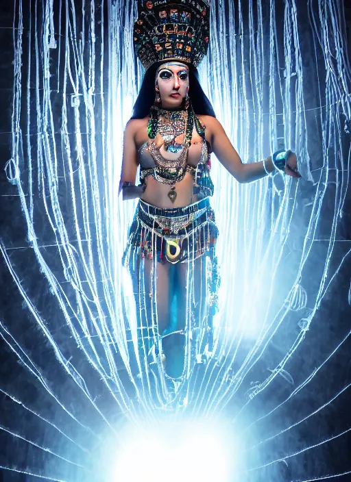 Image similar to photo shoot pose photo of beautiful aztec ancient princess standing in the corridor in the sacred temple, symmetrical face, big eyes and lips, looking down, subtle makeup, clean face and body skin,ecstatic expression, ornamental jewelry and ancient translucent clothes, futuristic space ship interrior, wires with lights,depth of field, lens flares, dust in the air, moody lighting, intricate, elegant, highly detailed, centered, smooth, sharp focus, Donato Giancola, Joseph Christian Leyendecker, WLOP, Boris Vallejo, Artgerm moody photography, old photo, black and white, sepia, cinematic lighting, cinematic angle, editorial photography