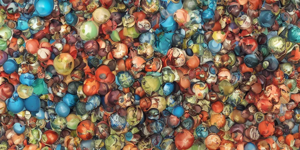 Image similar to 3 6 0 panorama escher style pattern of colorful balls, sculpture in the ancient greek style with the texture of old rust and a beautiful gradient from the upper right corner to the lower left corner