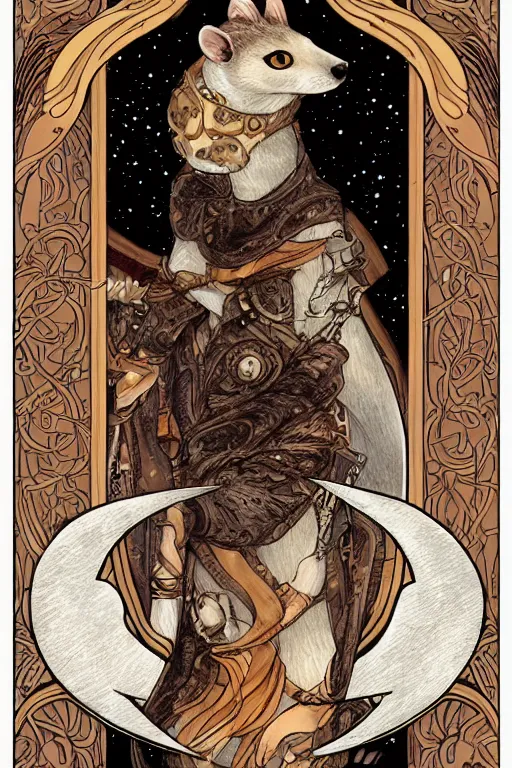 Prompt: Tarot card illustration of The Stoat, illustration by Ayami Kojima, furry art, art nouveau style, 4k