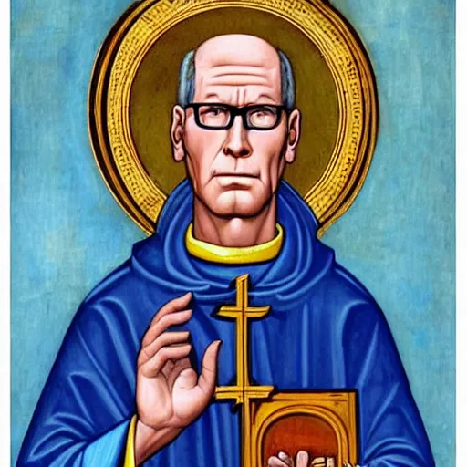 Image similar to hank hill as the saint of propane surrounded by blue fire, renaissance religious painting, painting by carlo crivelli, late gothic religious paintings, byzantine religious art, trending on artstation