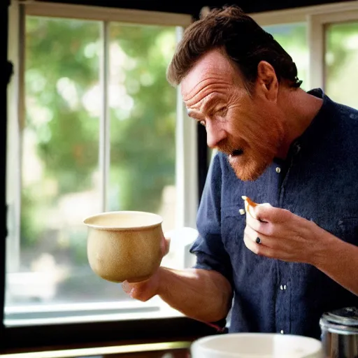 Prompt: bryan cranston eating soup, hd 4k photo