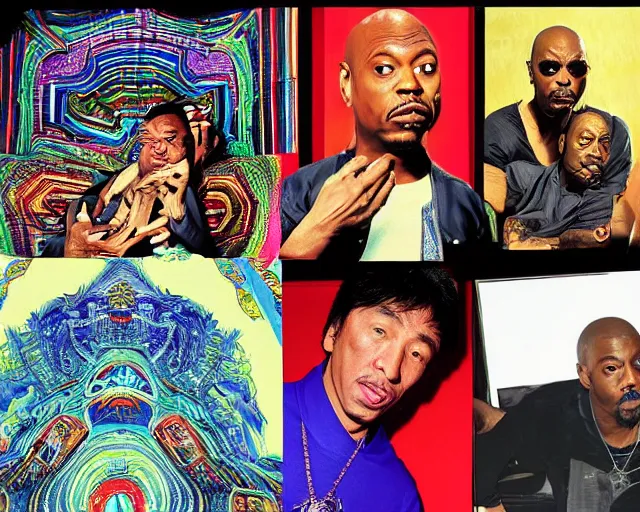 Prompt: Dave Chappelle, Kayne West, and Jackie Chan doing LSD, a photo of Chinatown Streets By Rainer Hosch, and Alex Grey