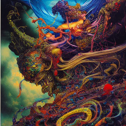 Prompt: realistic detailed image of Multicolored Rainbow Creatures Devouring a House by Ayami Kojima, Amano, Karol Bak, Greg Hildebrandt, and Mark Brooks, Neo-Gothic, gothic, rich deep colors. Beksinski painting, part by Adrian Ghenie and Gerhard Richter. art by Takato Yamamoto. masterpiece