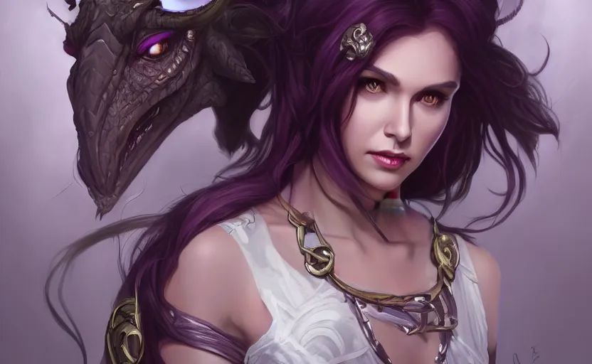 Image similar to Attractive Tiefling Druid, She has light brown skin, dark purple hair, and silver eyes full body, dungeons and dragons portrait, highly detailed, digital painting, artstation, concept art, sharp focus, illustration, art by artgerm and greg rutkowski and alphonse mucha