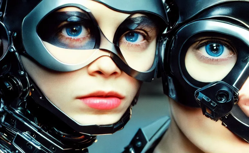 Image similar to cinestill 5 0 d photographic portrait by helen levitt of two loving female cyborgs wearing black techwear in a retrofuturist liminal office, extreme closeup, modern cyberpunk, garden terraces, 8 k, hd, high resolution, 3 5 mm, f / 3 2, ultra realistic faces, intricate detail, ex machina